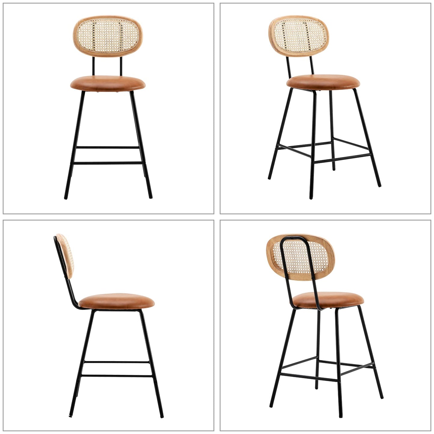 Counter Stools Set of 4, Bar Stools, Indoor Metal Counter Height Barstools for Home, Faux Leather Counter Stool with Rattan Backrest