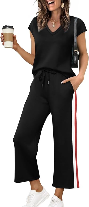 Saloogoe Two Piece Sets for Women Summer Outfits Lounge Sets V Neck Tops Wide Leg Pants Woman Vacation Travel Outfits