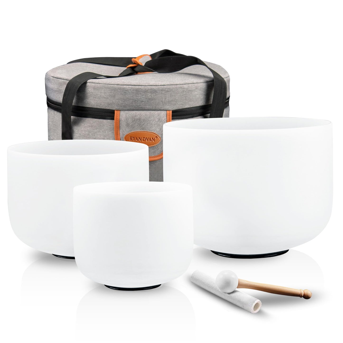 RYAN DVAN 432HZ Crystal Singing Bowl Set of 3, 6 B Crown, 7 A Third Eye, 8 G Throat with Case Suede Striker & O-Ring Sound Thera