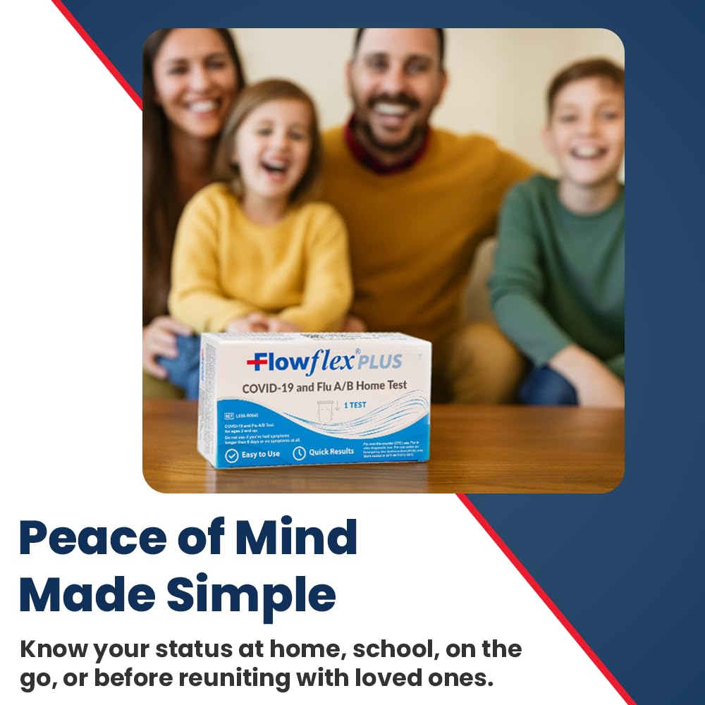 COVID & Flu Home Test by Flowflex Plus, Rapid Results in 15 Minutes, Trusted OTC COVID-19 & Flu A/B Testing Kit, FSA and HSA Eligible, Easy to Use & No Discomfort, 1 Pack 1 Test