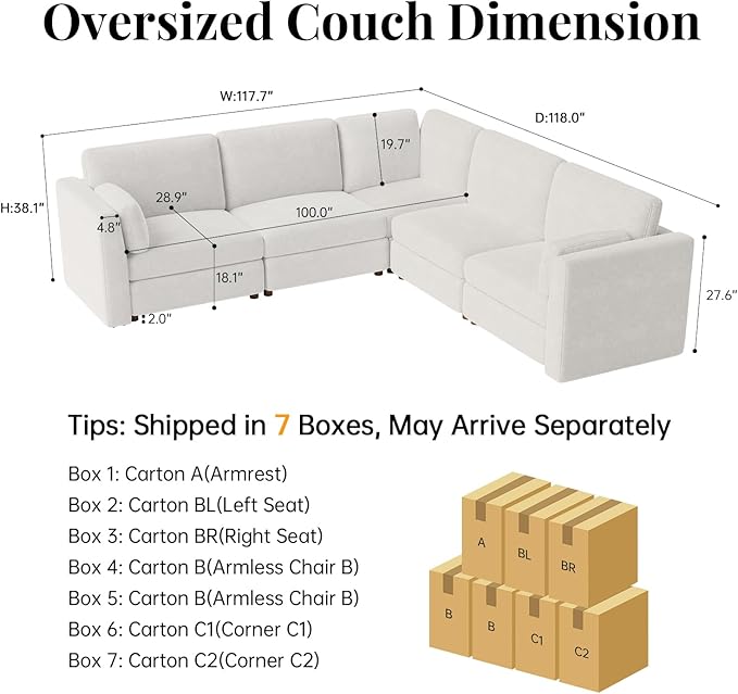 CUGOAO 117.7'' Modular Sectional Sofa, Oversized L-Shaped Sectional Couch, Deep Seat Chenille Cloud Couch, Removable Cover, Mordern Upholstered Couches for Living Room, Apartment, Office, Beige