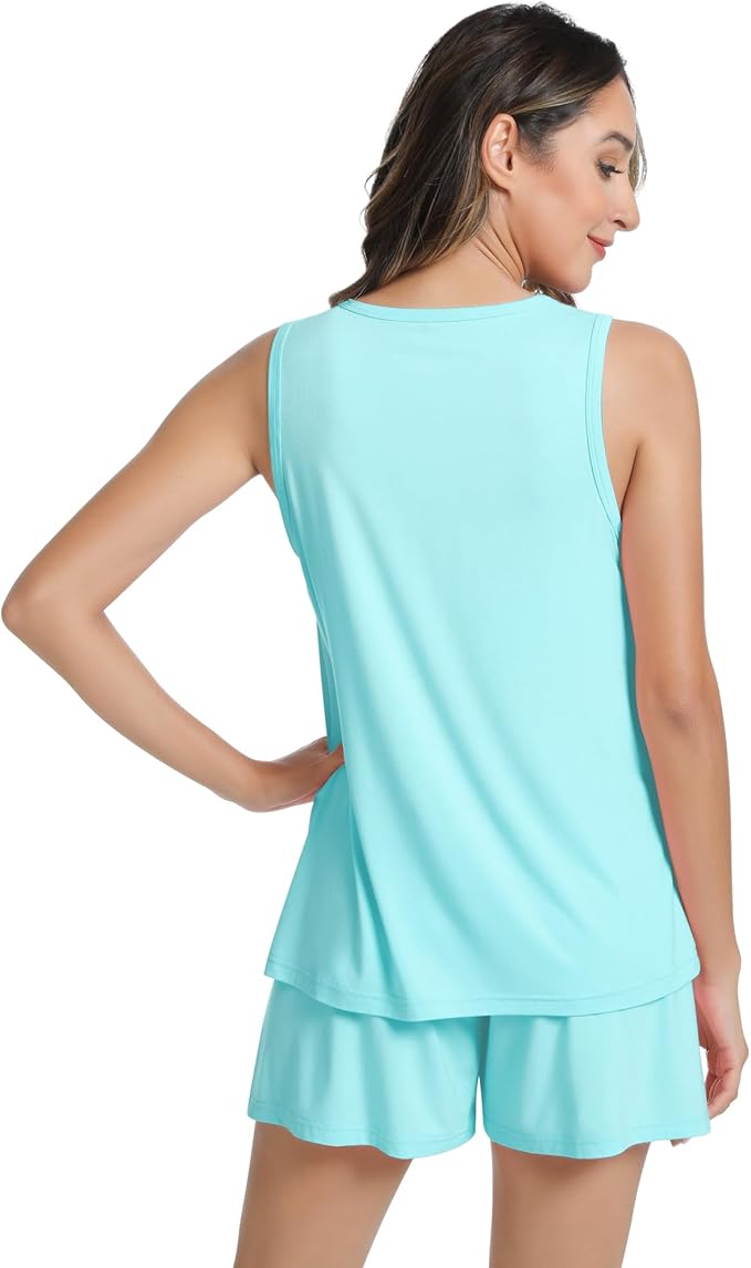 NACHILA Pajamas for Women-Viscose from Bamboo, Ribbed Racerback Tank Top Sexy Split Shorts Pajama Sets Cooling Sleep Cami Pjs