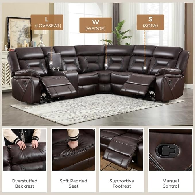 EBELLO Manual Reclining Sectional Sofa for Living Room, L-Shaped Sectional Corner Reclining Sectional Couches Home Furniture Set with Center Console, Hidden Cup Holders and Storage, Dark Brown