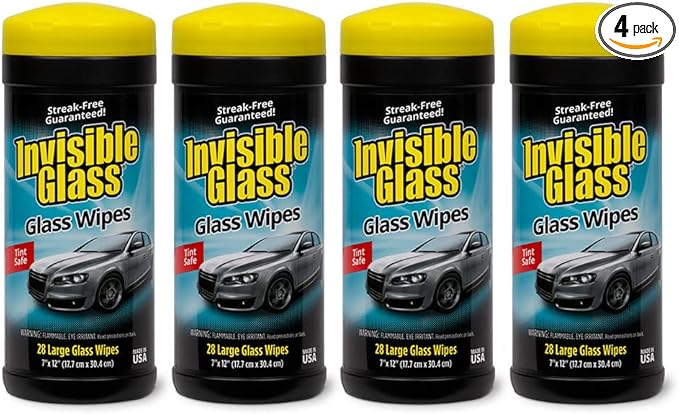 Invisible Glass 90166-4PK Large Glass Cleaning Wipes for Streak-Free Windows, Mirrors, and Glass, Lint-Free, Ammonia-Free, Tint-Safe, for Home and Auto, Canister, 28 Count (Pack of 4)