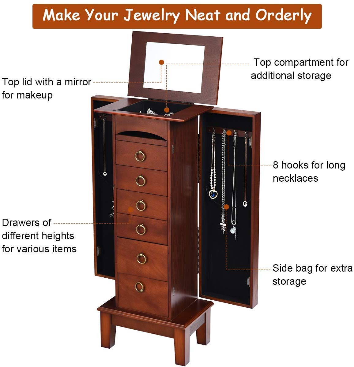 HOMGX 6 Drawers Jewelry Armoire Cabinet, Standing Jewelry Storage Chest with Mirror, 8 Necklace Hooks Wooden Jewelry Organizer, Bedroom Extra Capacity Jewelry Furniture, Walnut