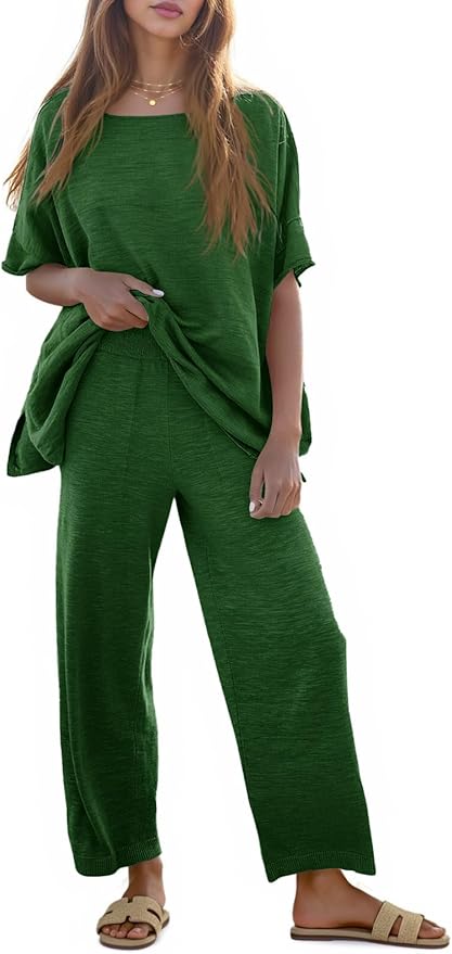 Tankaneo Women's 2 Piece Travel Outfits Casual Short Sleeve Knit Sweater Set Wide Leg Pants Lounge Sets Tracksuit