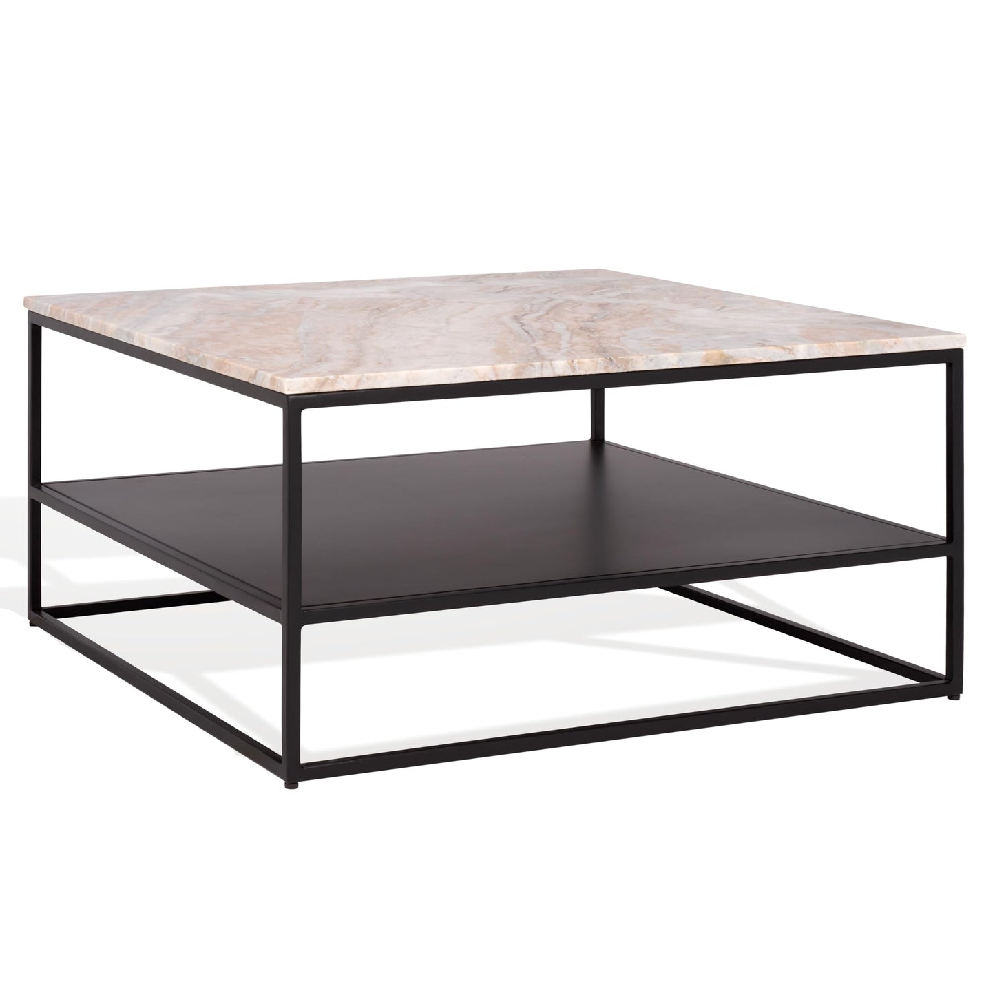 SAFAVIEH Couture Collection - Macklyn Light Brown Marble & Black Metal Square Coffee Table, Open Storage Shelf, Fully Assembled (SFV5769A)