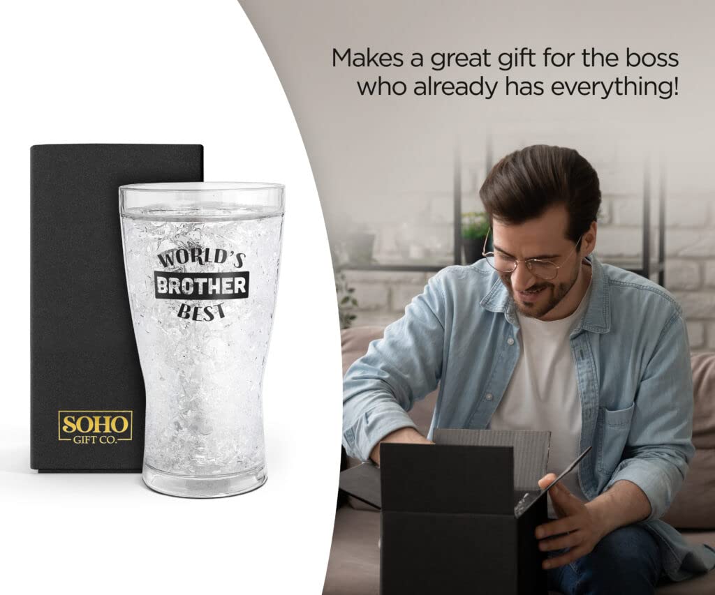 GALVANOX SoHo Freezer Cup Gift for Brother, Double Walled Chiller Mug for Iced Cold Drinks - Insulated 14oz Frozen Pint Drinking Glass for Christmas/Birthday Worlds Best Brother (Gift Boxed)