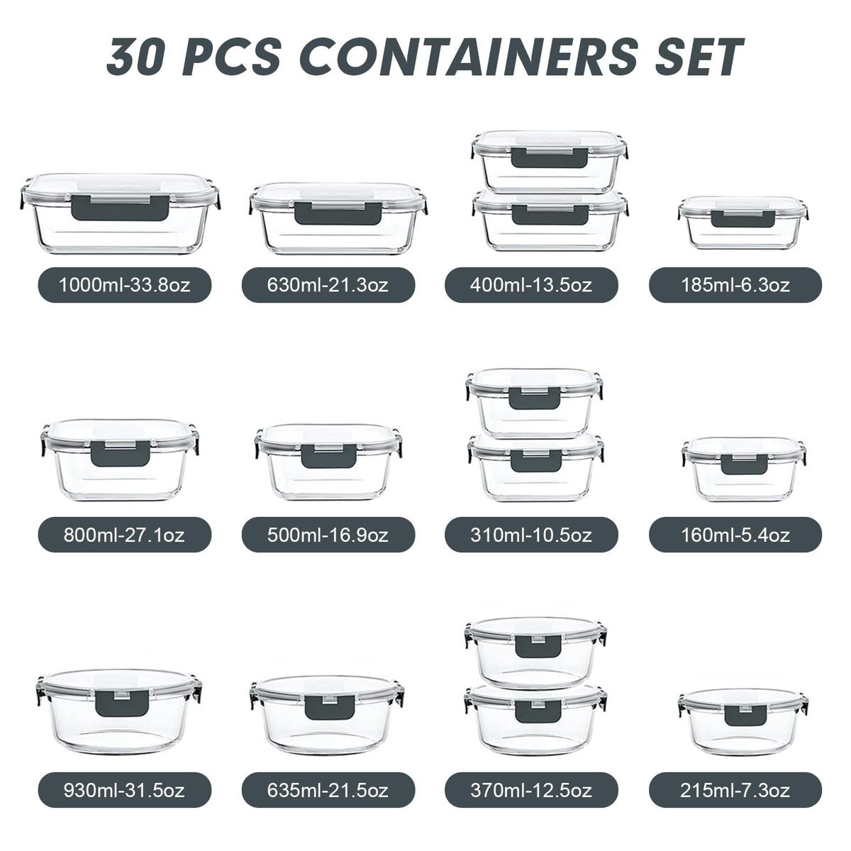 VERONES 30 Pieces Glass Meal Prep Containers Set, Stackable Glass Food Storage Containers with Lids-Airtight Glass Lunch Containers，for Microwave, Oven, Freezer & Dishwasher,Grey