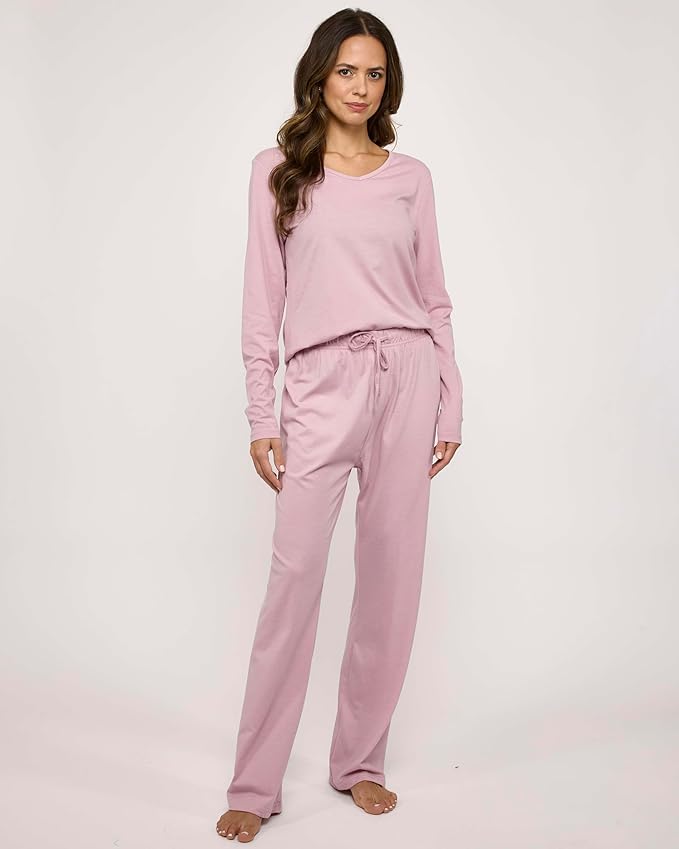 Real Essentials 2 Pack Women's Soft Cotton Long Sleeve Pajama Set with Pants - Lounge Sets for Women (Available In Plus)