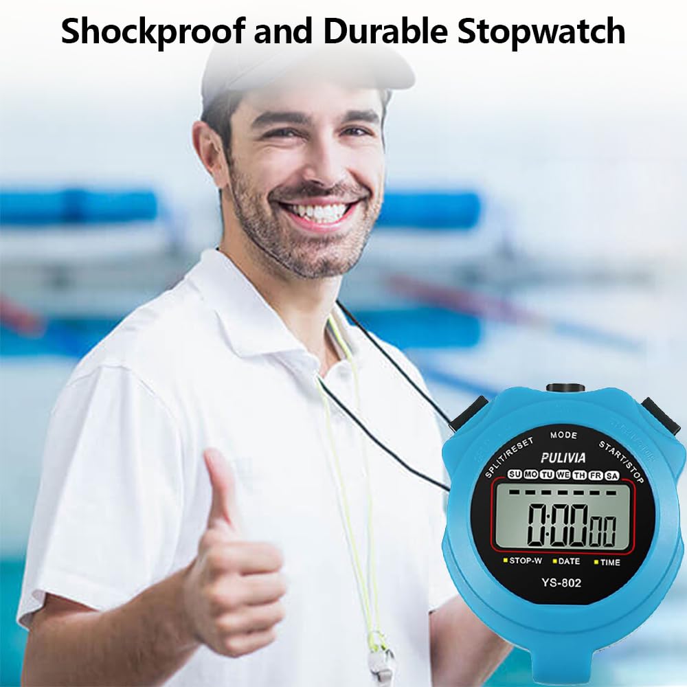 PULIVIA Sports Stopwatch Timer, Single Lap Split Digital Stop Watch for Sports Kids Coaches Swimming Running, Blue
