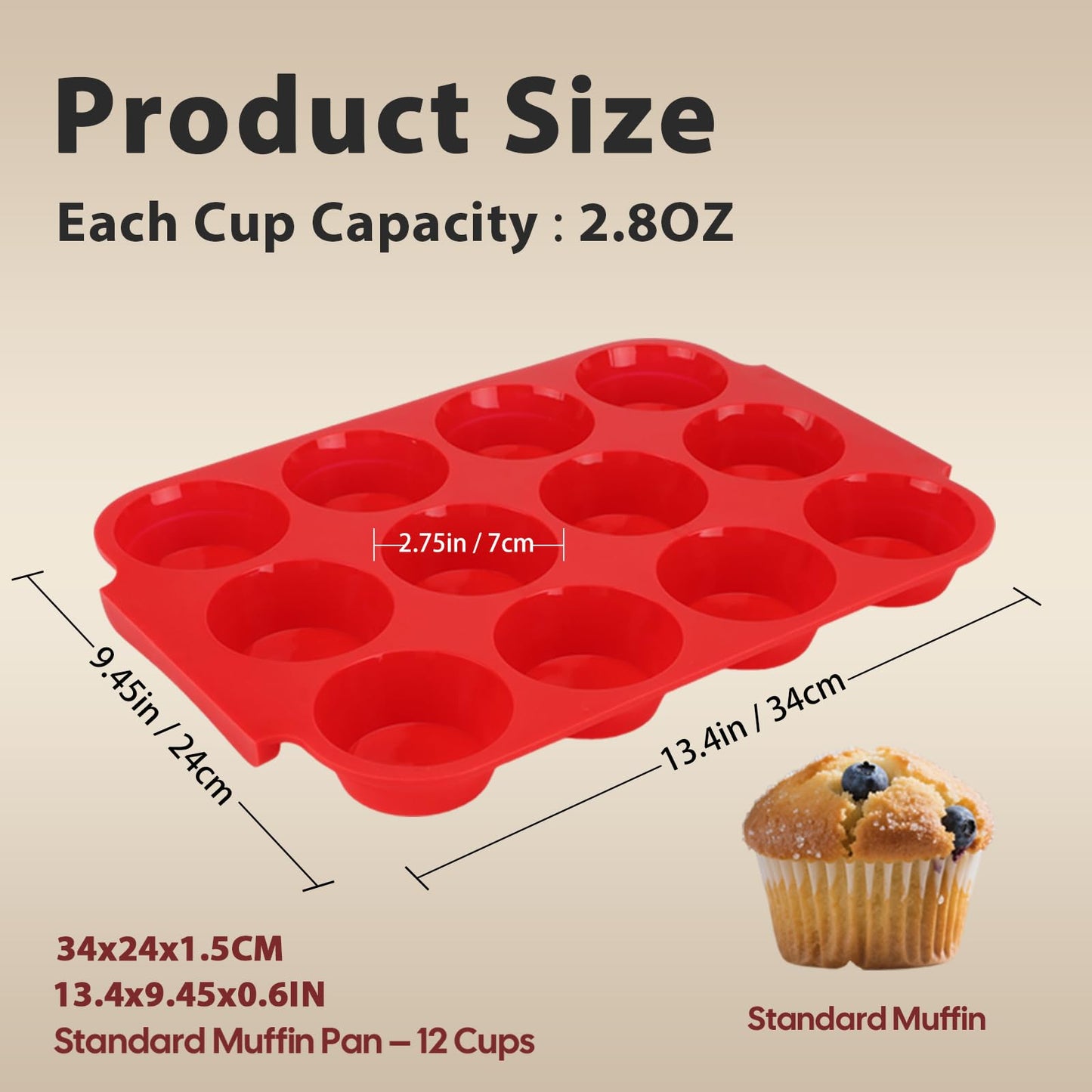 Jalopink Silicone Muffin Pan for Baking – Standard 12-Cup Nonstick Cupcake Pan with Handle, Food-Grade Certified, Odorless, BPA-Free, Silicone Baking Mold for Muffins, Egg Bites, Cupcakes