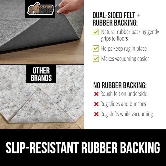 GORILLA GRIP Felt and Natural Rubber Stay in Place Slip Resistant Rug Pad, 1/4in Thick, 6x9 FT Protective Padding Under Area Rugs, Cushioned Gripper Pads, Carpet Runners, Hardwood Floors Protection