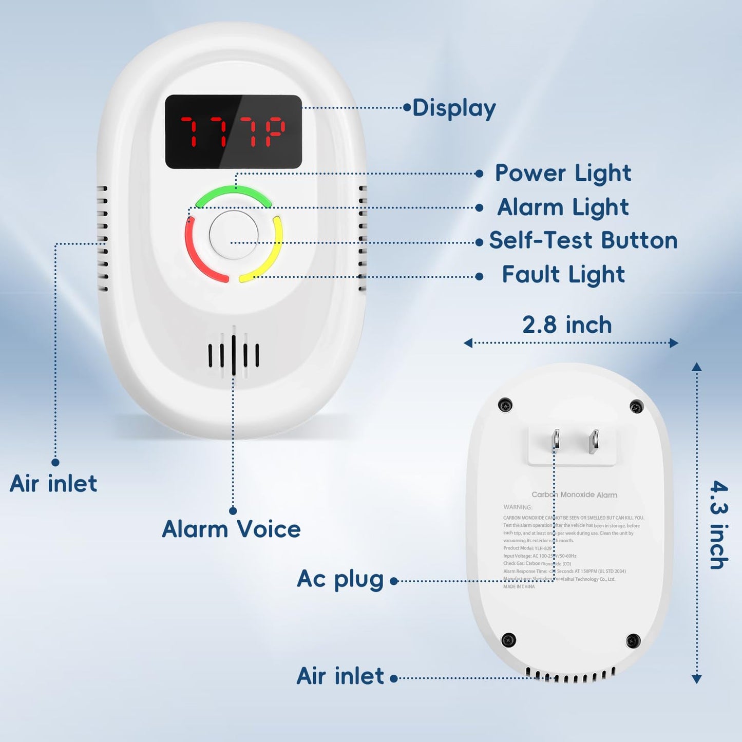 Carbon Monoxide Detectors Plug in Wall ，CO Detector 100-250V AC Power Operated，Portable Travel Carbon Monoxide Alarm with LCD Display Sound Light Warning for Home/Hotel/RV