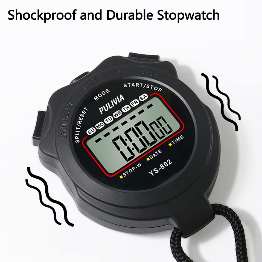 PULIVIA Sports Stopwatch Timer, Single Lap Split Digital Stop Watch for Sports Kids Coaches Swimming Running, Black