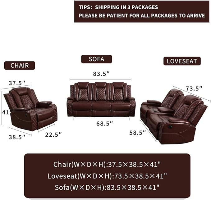 Dekmxas Power Recliner Sofa Set with Cup Holders, Living Room Furniture Sofa Sets, Brown Breathing Leather Reclining Loveseat with LED Light & Storage Console for Office & Dorms & Living Room