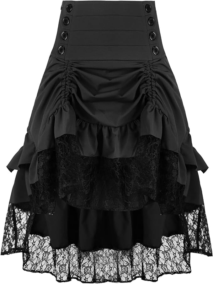 itsjake Women's Steampunk Skirt Retro Gothic Pleated Asymmetric High Low Lace Ruffle Skirt(Black,S)