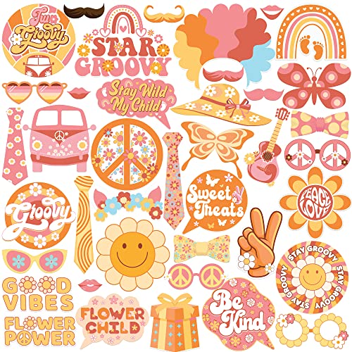 KatchOn Groovy Photo Booth Props - Pack of 40, 60s & Retro Props for Two, Hippie Party Decorations