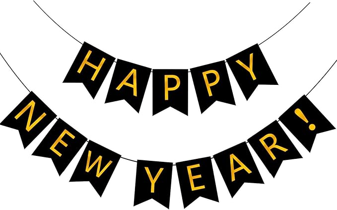 FECEDY Happy New Year Banner Black Bunting with Gold Alphabet for New Year Party Supplier Eve Party Decorations