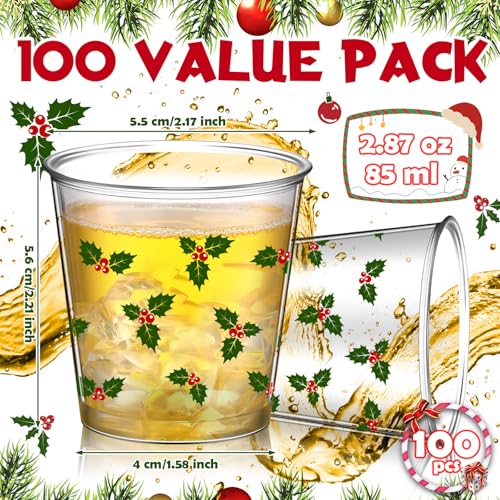 Nuogo 100 Pcs Disposable Christmas Glasses, 2.87oz Plastic Clear Holiday Glasses Mini Cups for Christmas New Year Party Gi...
