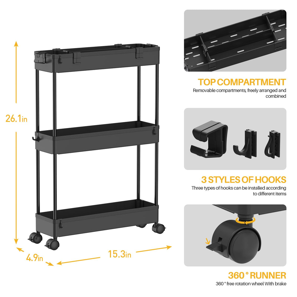 SPACELEAD Slim Storage Cart 3 Tier,Bathroom Organizer Rolling Utility,Mobile Shelving Unit Slide Out for Office, Kitchen, Laundry Room & Narrow Places,Black