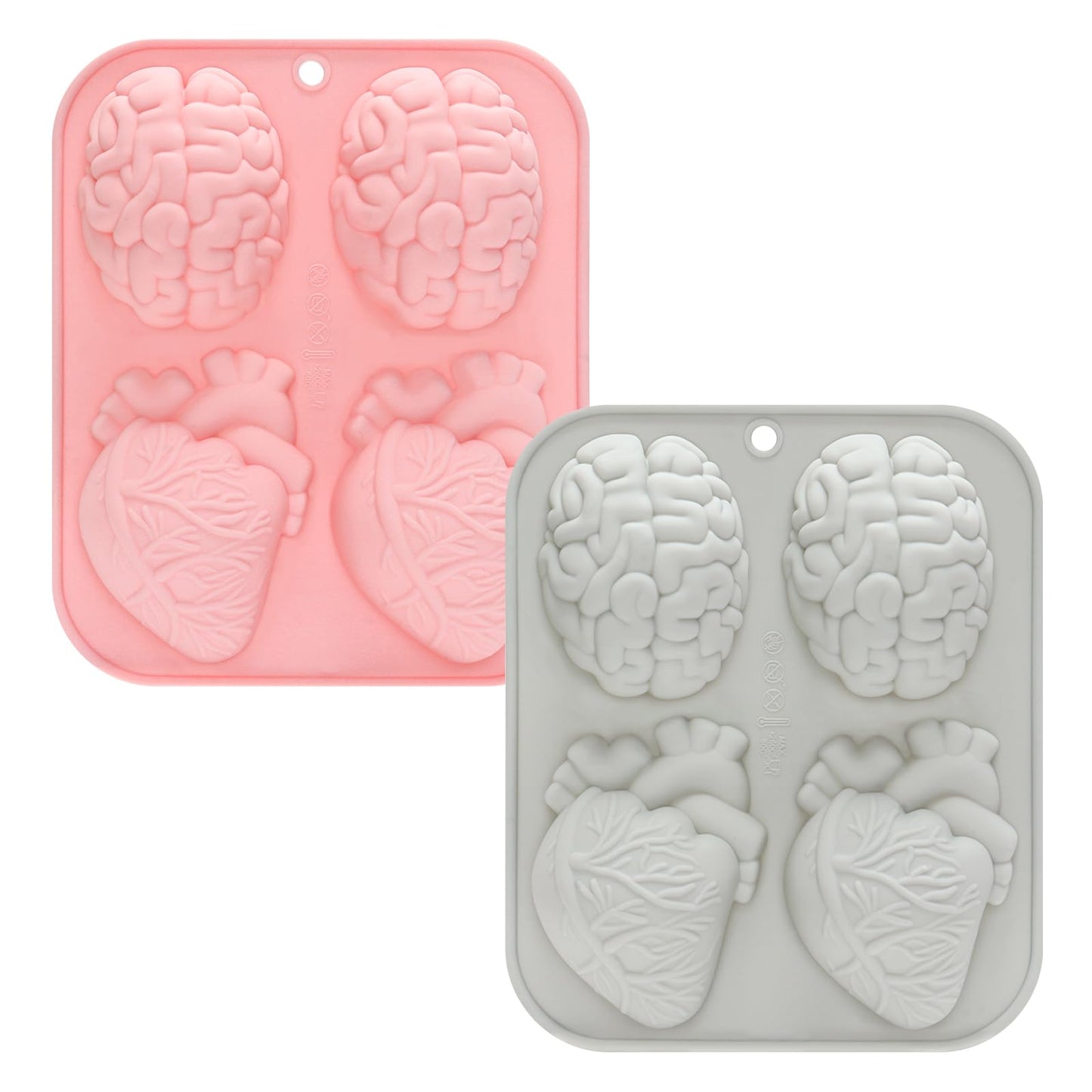 HOMQYTE Silicone Ice Cube Trays 2PCS Brain Skull RIP Gravestone Mold for Ice, Candy, Cake, Soap, Chocolate, Halloween (Pink&Gray, 2P Brain Heart)