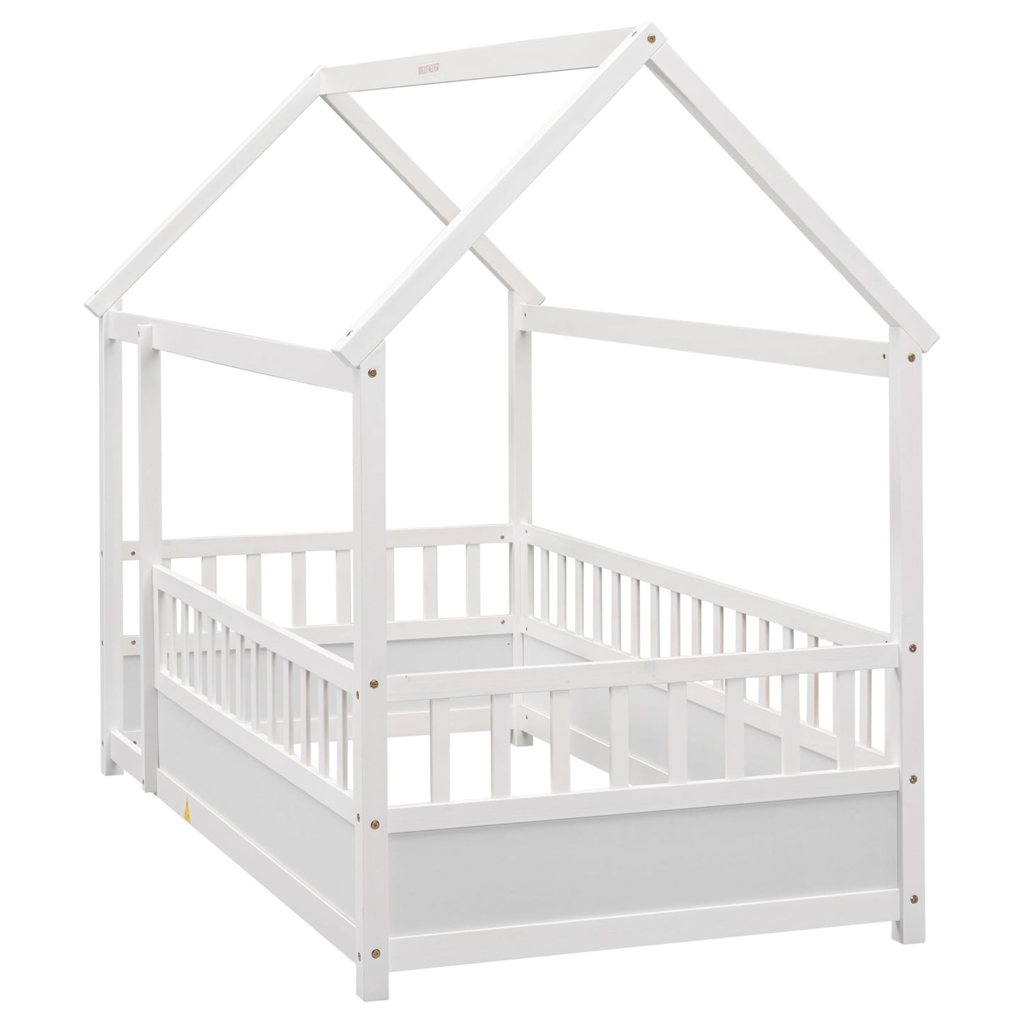 Kids Montessori Bed Twin Size, Twin Floor Bed with High Fence, House Beds for Kids, Girls, Boys, Wood Montessori Floor Beds Without Slats(White Twin)