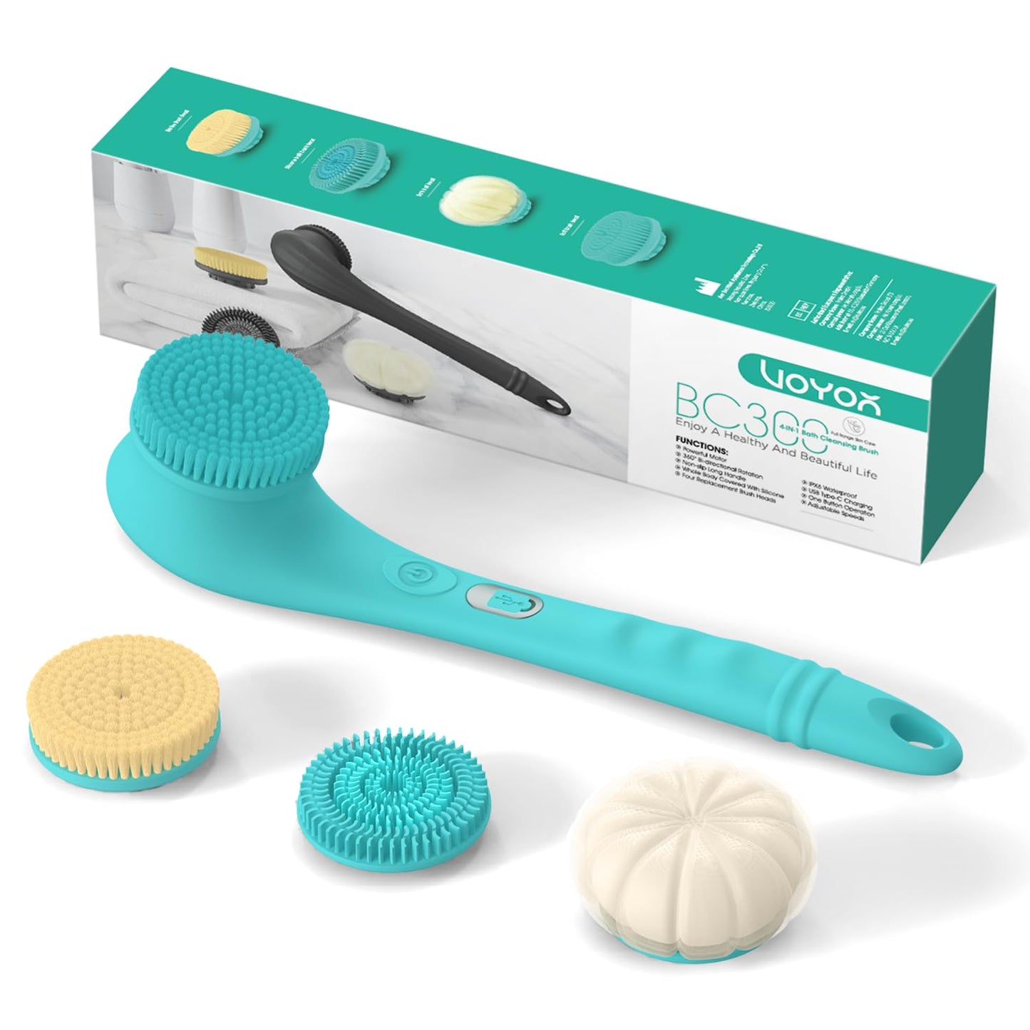 VOYOR Electric Body Brush Back Scrubber Silicone Body Scrubber Two-Way Rotating Brush Head for Deep Cleaning, Exfoliation, 4 Att