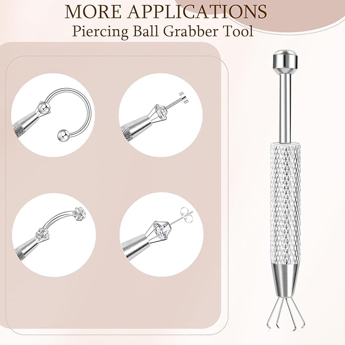 ONESING 2Pcs Piercing Ball Grabber Tool for Changing Jewelry, Stianless Steel Flat Back Earring Applicator Internally Threaded Push Pin Piercing Grabber Tool, Anti Slip 4 Claw Gem Ball Grabber Tool