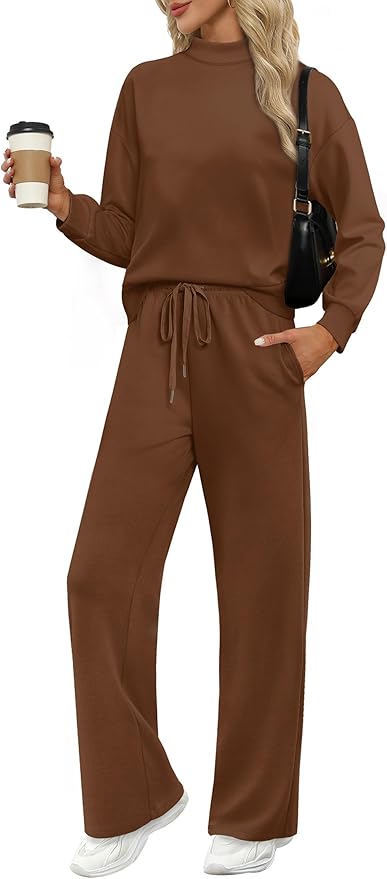 WIHOLL Two Piece Sets for Women Fall Outfits Lounge Sets Mock Neck Tops Wide Leg Pants Vacation Travel Airport Outfits
