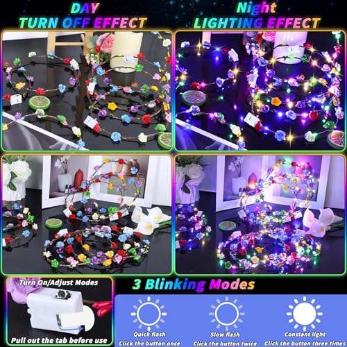 UZLU 80 Pcs LED Flower Crown Headband Glow Floral Wreath Crown for Women Light Up Flower Headband Glow in the Dark Hair Ac...