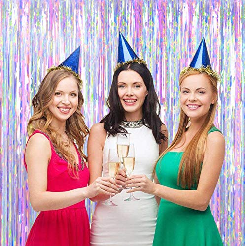 FECEDY 2pcs 3ft x 8.3ft Shiny Corlorful Metallic Tinsel Foil Fringe Curtains Photo Booth Props for Engagement Bridal Showe...