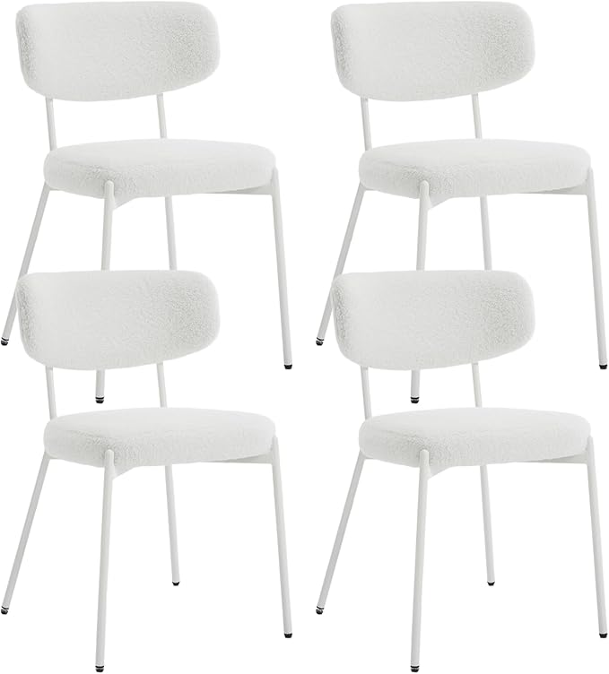 KCC Boucle Dining Chairs Set of 4, Modern Mid-Century Upholstered Stylish Kitchen Chairs Sherpa Accent Diner Chairs with Metal Legs and Curved Back for Kitchen, Dining Room(White)