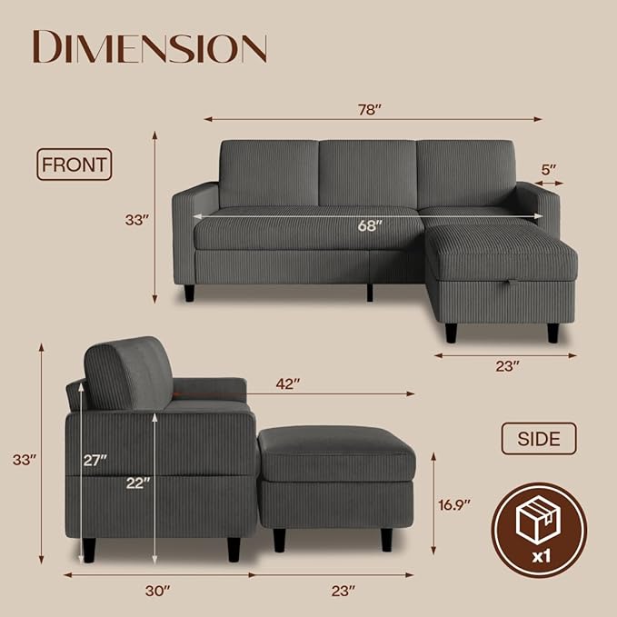 POYISOU Sectional Couches for Living Room, L Shaped Couch with Storage Ottoman, Small Sofa Corduroy Couch with Side Pockets, Modern 3 Seater Convertible Sofa for Apartment, Office, Dark Grey