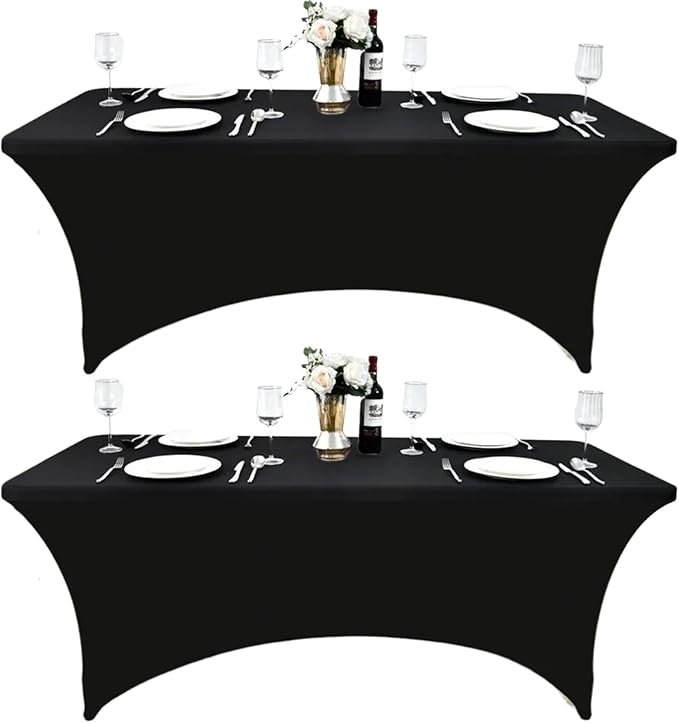 ZarzaaSik 2-Pack 6ft Black Spandex Table Covers for Rectangle Standard Folding Tables - Wrinkle Resistant Stretch Tableclo...