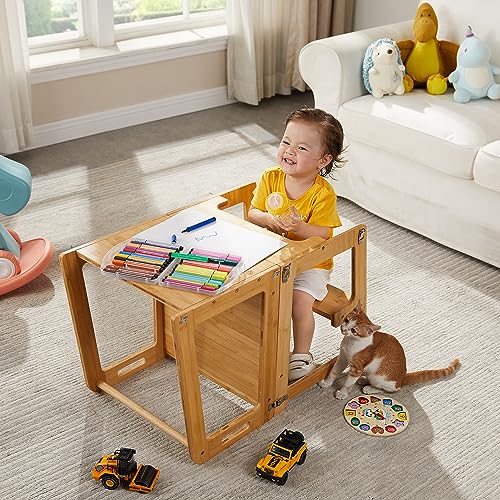 4-in-1 Standing Tower for Toddlers and Kids 1-6 Years, Bamboo Kitchen Learning Helper Stool with Chalkboard, Desk Table, a...