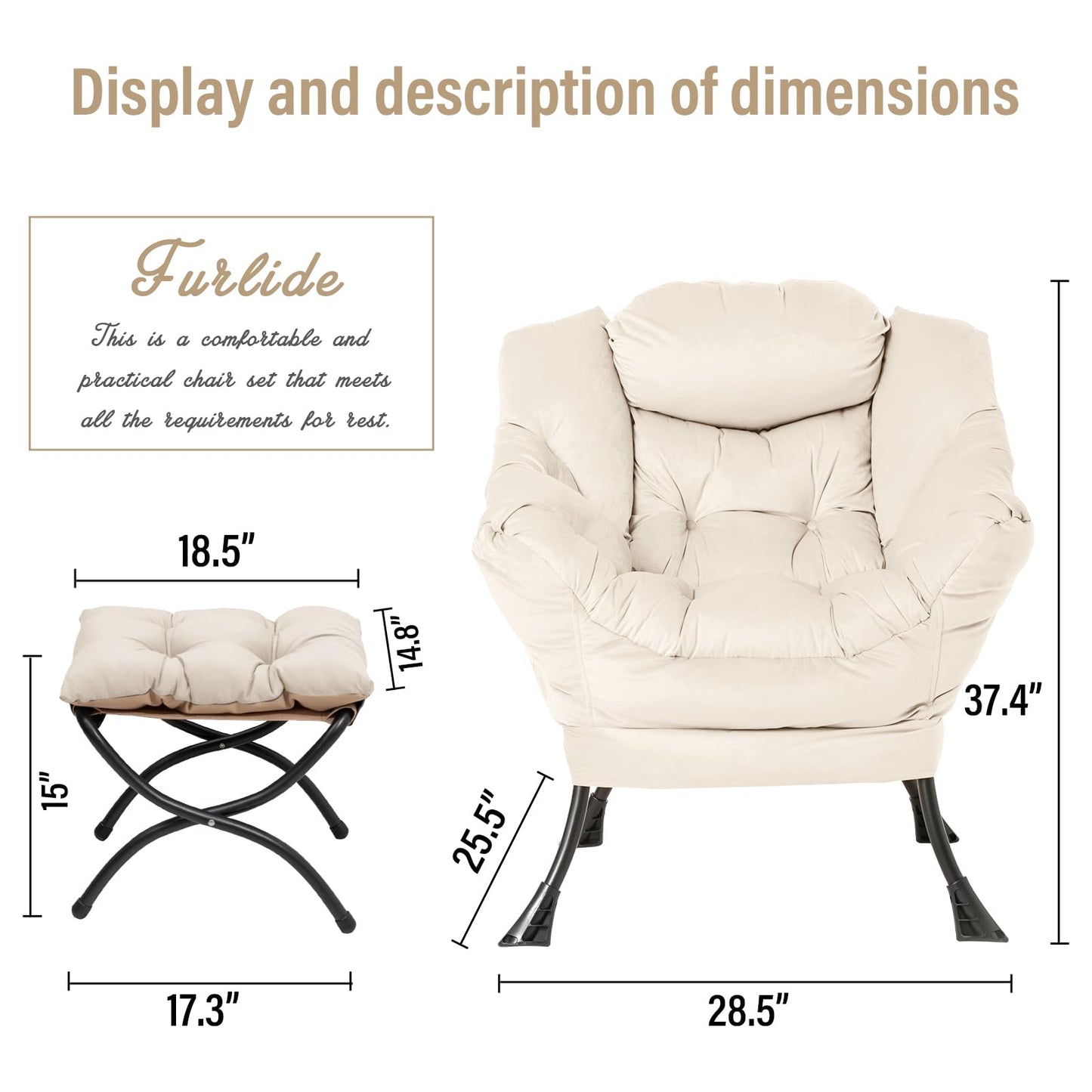 Lazy Chair with Ottoman, Modern Chair with Folding Footrest, Lounge Accent Chair, Comfortable Reading Chair, Oversized Armchairs for Bedroom, Study, Living Room, Courtyard (Beige)