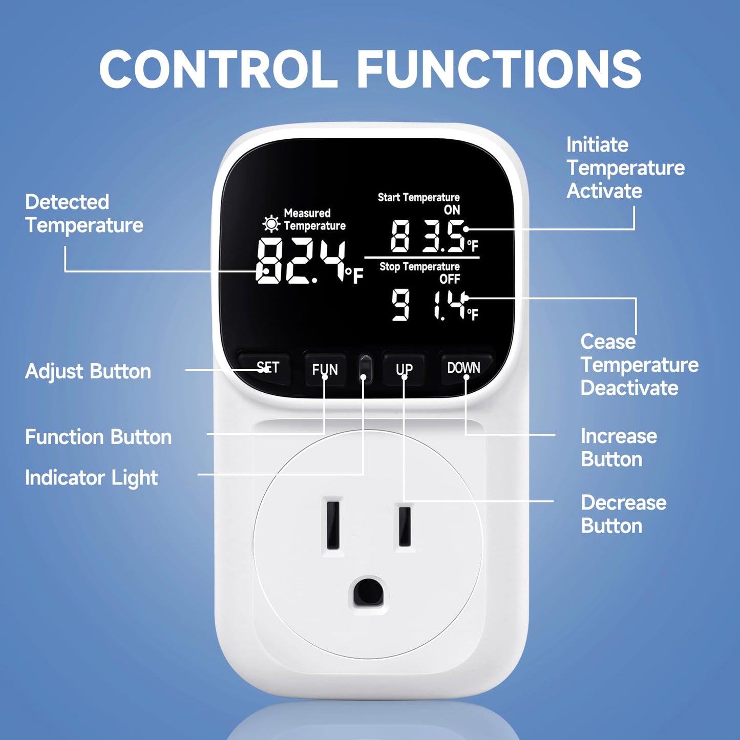 COMYAN Temperature Controlled Outlet with 16.4ft & 6.5ft 2 Probes, Reptile Thermostat 15A 1800W Digital Thermostat, Heating Cooling Timer with Cyclic Timing/Countdown, -40℉~210℉ for Reptile Incubator