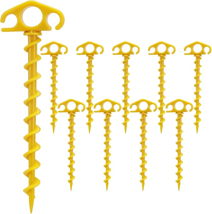 COBARYEN Tent Stakes Ground Anchors Screw in, 10 Pack Sand Stakes for Beach 9.4 Inch Heavy Duty Spiral Tent Pegs for Camping, Party, Hiking, Outdoor Decoration (10, Yellow)