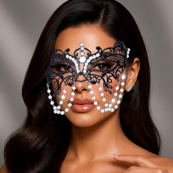 Flimire Pearl Masquerade Mask for Women Black Lace Masks Prom Costume Party Eye Mask Luxury Venetian Ball Mask