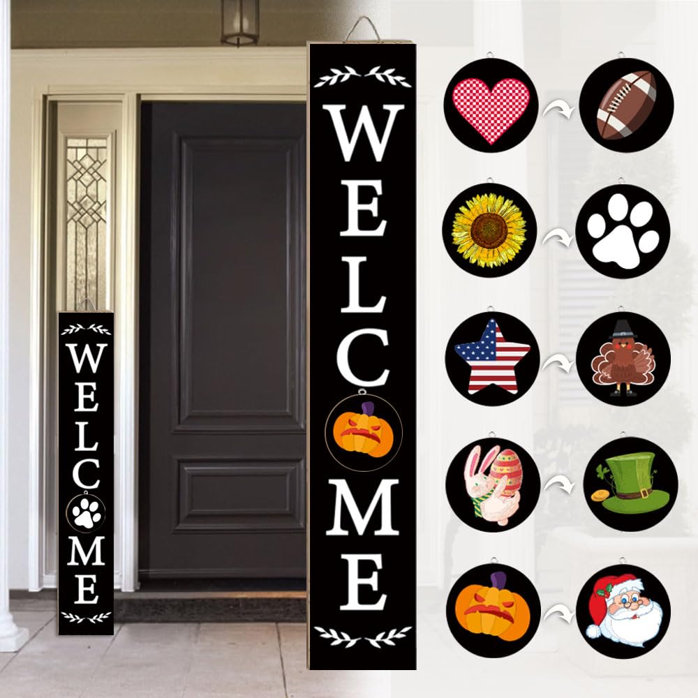 Nialnant Easter Interchangeable Welcome Sign for Front Porch, Outdoor Wooden Welcome Sign for Yard Farmhouse Harvest Holiday Fall Halloween Thanksgiving Christmas All Season Decoration, Black