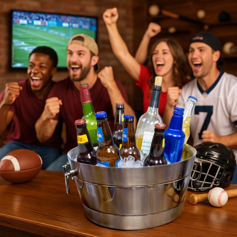 BREKX Stainless Steel Ice Bucket for Parties, Double Wall Insulated Anchored Brushed Drink Tub & Wine Bucket with Double H...