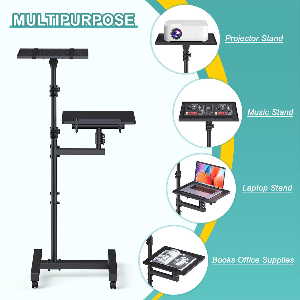 Facilife 2 Shelves Projector Stand Tripod, Mobile Laptop Cart on Wheels Projector Tripod Stand Adjustable Height 45 to 64 Inches, Overbed Table with Wheels, Rolling Laptop Floor Stand for Couch