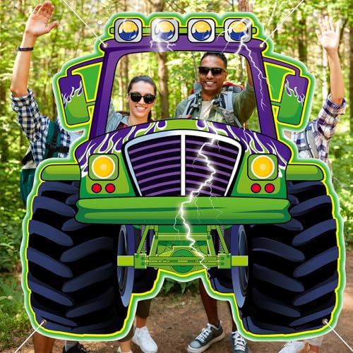 Monster Truck Photo Booth Props for Green and Purple Truck Party Supplies Large Monster Photo Background Games Polyester F...