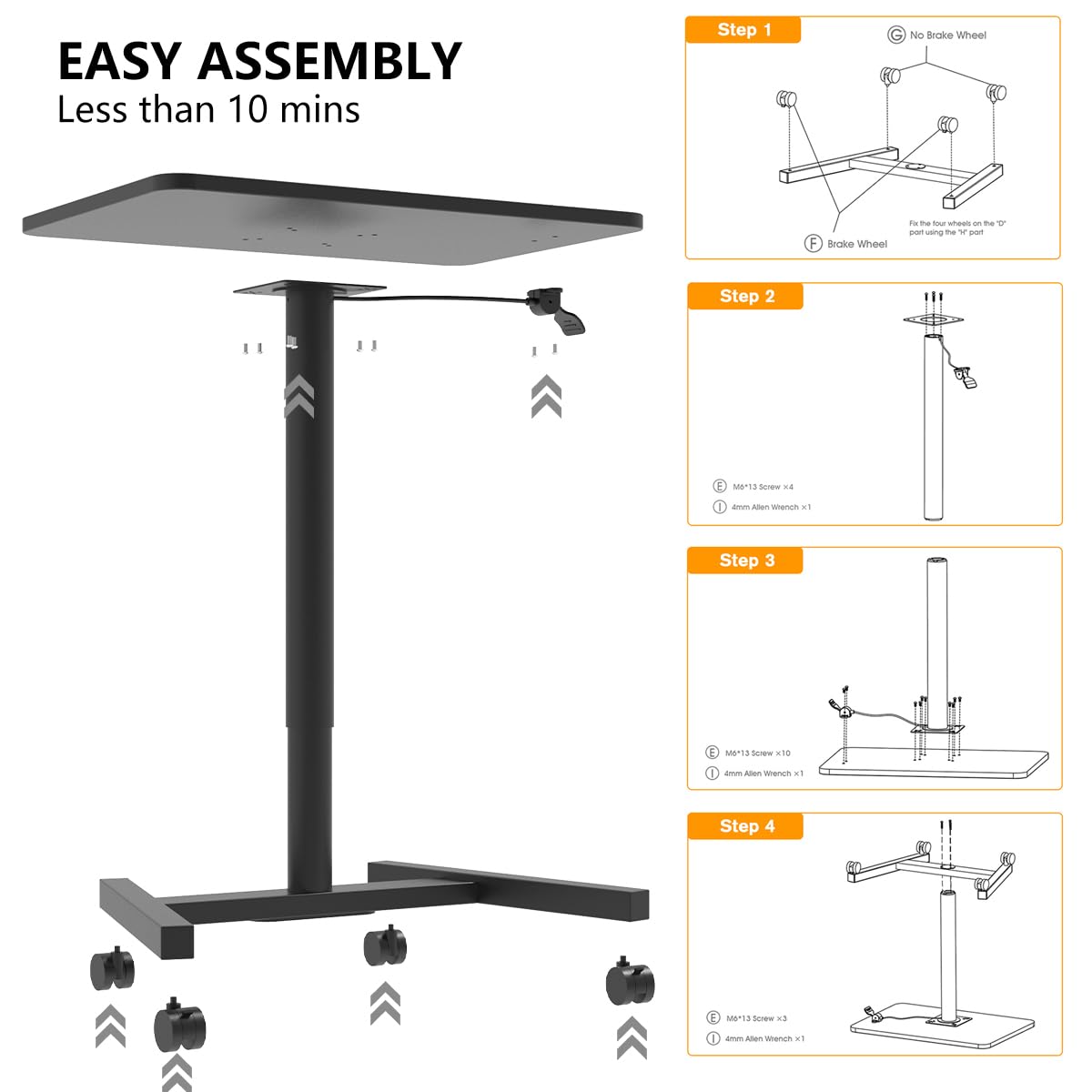 MPETAPT 28-Inch Mobile Standing Desk, Adjustable Computer Desk, Portable Standing Desk with Lockable Wheels, Rolling Table for Home Office Classroom Hospital (Jet - Black)