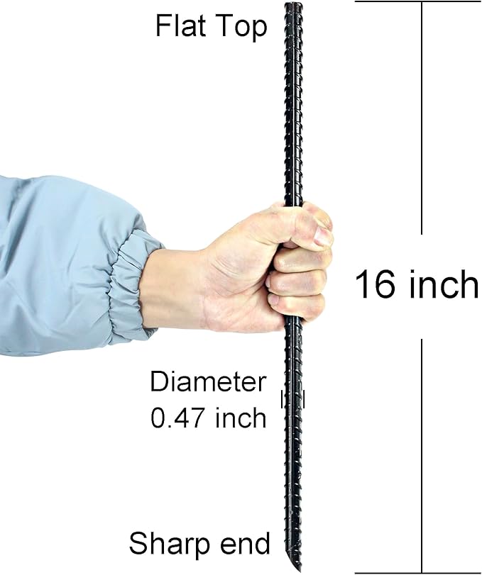 IHOSHENG 16 Inch Ground Rebar Stakes Heavy Duty Steel Ground Anchors for Outdoor, Straight Metal Stakes with Chisel Point end, Black Powder Coated (8)