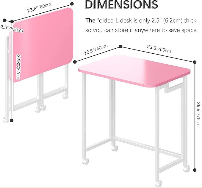 4NM 23.6" Mobile Small Rolling Computer Desk, Folding Laptop Cart Table with Wheels, Portable Office Desk for Small Space Couch Bed - Pink and White
