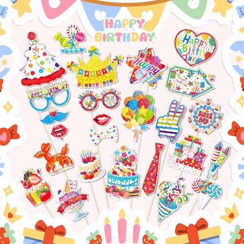 25Pcs Funny Birthday Photo Booth Props with Stick, Theme Selfie Props, Party Supplies, Photography Backdrop Decorations