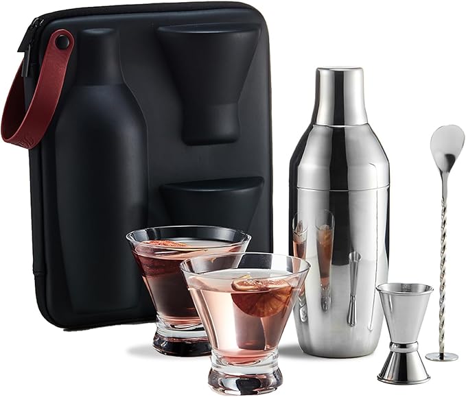 KITESSENSU Cocktail Shaker Set with Carry Case: Vacuum Insulated Martini Shaker with Built-in Strainer, 2 Martini Glasses,...