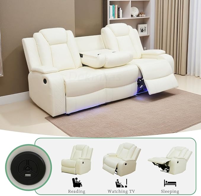 Dekmxas Power Recliner Sofa Set, Creamy White Leather Sectional Reclining Sofa with 2 Recliner Seats, Living Room Furniture Set with LED Light/Cup Holder/Storage Console for Office & Living Room